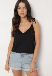 Czarny Top z Modalem i Bawełną Ozdobiona Wiązaniem Lilacea. Czarne topy Born2be, l, bez wzorów, z bawełny, bez kołnierzyka, bez ramiączek. Za 29.99 zł.