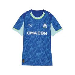 Damska trzecia koszulka Olympique Marsylia 25/26 PUMA Vivid Blue Bleu Azur. Niebieskie bluzki Puma, w ażurowe wzory, sportowe, bez kołnierzyka, bez ramiączek. Za 439.00 zł.