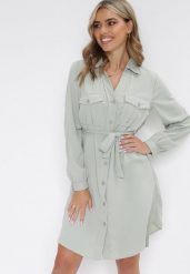 Jasnozielona Bawełniana Sukienka Koszulowa Aravia. Zielone sukienki Born2be, l, bez wzorów, z bawełny, bez kołnierzyka, bez ramiączek, mini, koszulowe. Za 119.99 zł.