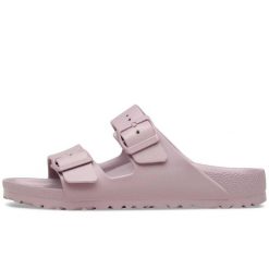 Klapki Birkenstock Arizona Eva Damskie. Fioletowe klapki Birkenstock, bez wzorów, z materiału, bez obcasa. Za 272.30 zł.