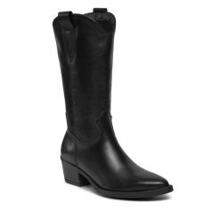 Kowbojki Tamaris. Czarne botki Tamaris, bez wzorów, bez obcasa, na słupku, bez zapięcia. Za 649.99 zł.