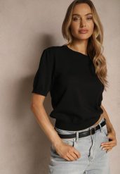 Czarna Dzianinowa Bluzka z Wiskozą z Lekkimi Bufkami w Ramionach Afevia. Czarne bluzki Renee, m, bez wzorów, z dzianiny, eleganckie, bez kołnierzyka, bez ramiączek. W wyprzedaży za 52.49 zł.