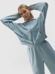 Bluza dresowa rozpinana z dodatkiem modalu damska - niebieska. Niebieskie bluzy 4f, na lato, l, bez wzorów, z dresówki, z kapturem. W wyprzedaży za 99.99 zł.