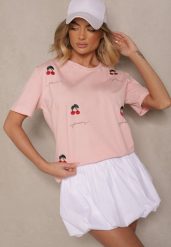 Różowy T-shirt z Bawełny z Haftowanymi Detalami w Wiśnie Nevianeva. Czerwone t-shirty Renee, m, bez wzorów, z bawełny, bez kołnierzyka, bez ramiączek. Za 29.99 zł.