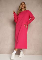 Fuksjowa Sukienka z Bawełny o Kroju Typu T-shirt z Koronką i Rozcięciami Tanisla. Czerwone sukienki Renee, na co dzień, bez wzorów, z bawełny, eleganckie, bez kołnierzyka, bez ramiączek, midi, proste. Za 59.99 zł.