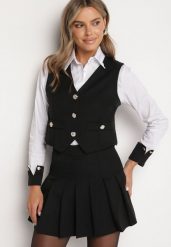 Czarny Elegancki 3-Częściowy Komplet z Wiskozą Koszula Kamizelka i Plisowane Spódnico-Spodenki Zemiga. Czarne koszule Born2be, l, bez wzorów, z wiskozy, eleganckie, bez kołnierzyka, bez ramiączek. Za 189.99 zł.