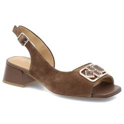 Sandały damskie S.Barski, cholewka ze skóry naturalnej z odkrytymi palcami na stabilnym obcasie z regulowanym paskiem i geometryczną ozdobą, brązowe,. Brązowe sandały S.BARSKI, z aplikacjami, ze skóry, z otwartym noskiem, bez obcasa, na obcasie, bez zapięcia. Za 332.90 zł.