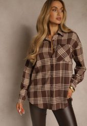 Brązowa Koszula z Bawełny Ozdobiona Kratą Monitela. Brązowe koszule Renee, m, bez wzorów, z bawełny, klasyczne, bez kołnierzyka, bez ramiączek. Za 119.99 zł.