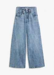 Dżinsy wide leg z wysokim stanem. Niebieskie jeansy bonprix, bez wzorów, z podwyższonym stanem. Za 169.99 zł.