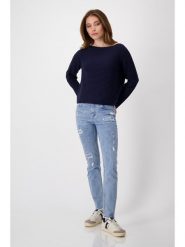 Monari Sweter w kolorze granatowym rozmiar: 42. Niebieskie swetry monari, bez wzorów, z bawełny, bez ramiączek. Za 122.96 zł.