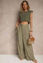 Ciemnozielone Spodnie o Szerokim Kroju High Waist Natoreia. Zielone spodnie materiałowe Renee, na co dzień, l, bez wzorów, z jeansu, z podwyższonym stanem. Za 69.99 zł.