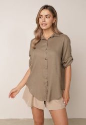 Beżowa Koszula Casual z Wiskozą i Lnem z Rękawami 3/4 Linyana. Brązowe koszule Born2be, l, bez wzorów, z jeansu, casualowe, bez kołnierzyka, bez ramiączek. Za 99.99 zł.