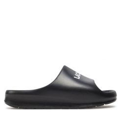 Klapki Lacoste. Czarne klapki Lacoste, bez wzorów, bez obcasa. Za 259.99 zł.