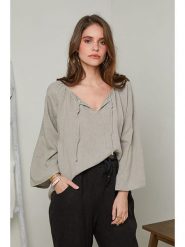 Rodier Lin Lniana bluzka w kolorze szarobrązowym rozmiar: M/L. Brązowe bluzki Rodier Lin, l, bez wzorów, ze lnu, bez kołnierzyka, bez ramiączek. Za 110.29 zł.