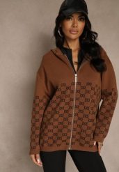 Brązowy Rozpinany Kardigan z Kapturem z Geometrycznym Wzorem Neratusa. Brązowe kardigany Renee, l, bez wzorów, z jeansu. Za 79.99 zł.