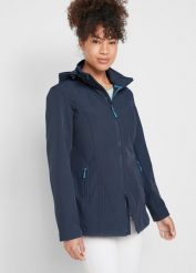 Kurtka softshell ze stretchem, odpychająca wodę. Niebieskie kurtki sportowe bonprix, bez wzorów, z softshellu, z kapturem. Za 229.99 zł.