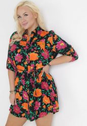 Czarno-Pomarańczowa Koszulowa Sukienka Mini z Guzikami i Materiałowym Paskiem Raimeda. Czarne sukienki Born2be, na lato, plus size, bez wzorów, z materiału, bez kołnierzyka, plus size, bez ramiączek, mini, koszulowe. Za 69.99 zł.