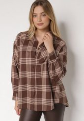 Brązowa Bawełniana Koszula w Kratę Monittia. Brązowe koszule Born2be, m, bez wzorów, z bawełny, eleganckie, bez kołnierzyka, bez ramiączek. Za 119.99 zł.