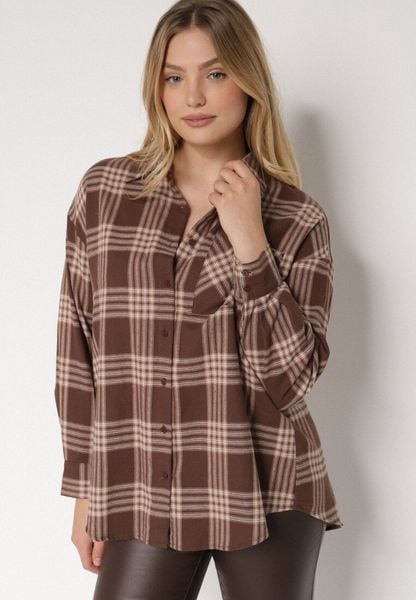 Brązowa Bawełniana Koszula w Kratę Monittia. Brązowe koszule Born2be, m, bez wzorów, z bawełny, eleganckie, bez kołnierzyka, bez ramiączek. Za 119.99 zł.