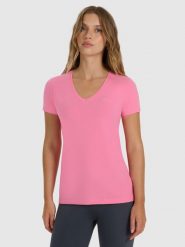 4F T-shirt slim gładki damski - różowy XXL. Czerwone t-shirty 4f, xxl, bez wzorów, z bawełny, bez kołnierzyka, bez ramiączek. Za 59.99 zł.