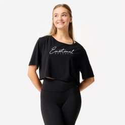 Koszulka do tańca modern jazz damska Domyos crop top. Czarne topy DOMYOS, xs, bez wzorów, z elastanu, bez kołnierzyka, bez ramiączek. Za 69.99 zł.
