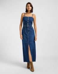 DAMSKA SUKIENKA LEE MAXI DENIM DRESS DARK FUSION 112363487. Sukienki Lee, l, bez wzorów, z denimu, bez kołnierzyka, bez ramiączek, maxi. Za 299.99 zł.