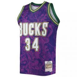 Koszulka NBA Milwaukee Bucks Ray Allen Swingman CNY 4.0 2000/01. Fioletowe bluzki Mitchell & Ness, bez wzorów, sportowe, bez kołnierzyka, bez ramiączek. Za 632.50 zł.