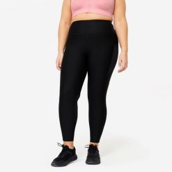 Legginsy fitness damskie Domyos. Czarne legginsy DOMYOS, l, bez wzorów, z elastanu, z podwyższonym stanem. Za 79.99 zł.