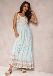 Jasnoniebieska Sukienka Fjorrit. Niebieskie sukienki Renee, na imprezę, l, bez wzorów, z koronki, boho, bez kołnierzyka, bez ramiączek, maxi, rozkloszowane. Za 84.99 zł.
