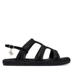 Sandały Guess. Czarne sandały Guess, z aplikacjami, bez obcasa, na płaskiej podeszwie, bez zapięcia. Za 549.99 zł.