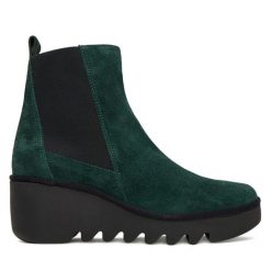 Botki Fly London. Zielone botki Fly London, bez wzorów, bez obcasa, na koturnie, bez zapięcia. Za 619.99 zł.