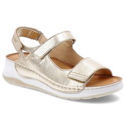 Sandały damskie Wasak, skórzane na platformie na rzepy z miękkimi wkładkami, złote groszek, 765. Żółte sandały Wasak, bez wzorów, ze skóry, eleganckie, bez obcasa, na koturnie, bez zapięcia. Za 189.00 zł.