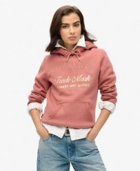 Luksusowa bluza z kapturem z metalicznym logo. Czerwone bluzy Superdry, bez wzorów, z bawełny, z kapturem. Za 420.10 zł.
