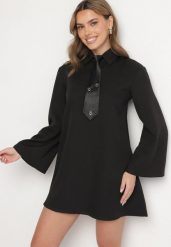 Czarna Sukienka Trapezowa z Szerokimi Rękawami Kołnierzykiem i Krawatem Ralliora. Czarne sukienki Born2be, na co dzień, uniwersalny, bez wzorów, eleganckie, bez kołnierzyka, bez ramiączek, mini, trapezowe. Za 139.99 zł.