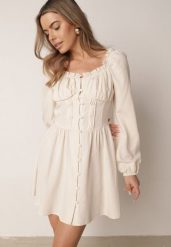 Jasnobeżowa Sukienka Hiszpanka Vices z Gorsetową Talią i Bufiastymi Rękawami Resana. Brązowe sukienki Born2be, na co dzień, l, bez wzorów, z bawełny, bez kołnierzyka, bez ramiączek, mini, gorsetowe. Za 169.99 zł.