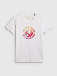 4F T-shirt regular z nadrukiem damski - biały XS. Białe t-shirty 4f, xs, bez wzorów, z bawełny, bez kołnierzyka, bez ramiączek. Za 59.99 zł.