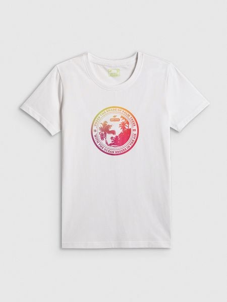 4F T-shirt regular z nadrukiem damski - biały XS. Białe t-shirty 4f, xs, bez wzorów, z bawełny, bez kołnierzyka, bez ramiączek. W wyprzedaży za 39.99 zł.