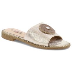 Klapki damskie S. Barski, eleganckie na płaskim obcasie z eko skóry z ozdobą, złote, KV51-013. Żółte klapki S.BARSKI, z aplikacjami, ze skóry, bez obcasa, na płaskiej podeszwie. Za 109.00 zł.
