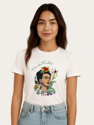 WOOOP Koszulka "Frida Kahlo Flowers" w kolorze białym rozmiar: M. Białe bluzki Wooop, m, bez wzorów, z bawełny, bez kołnierzyka, bez ramiączek. Za 56.99 zł.