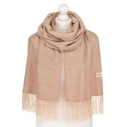 Beżowy szal damski z poliestru i wiskozy ozdobiony frędzlami - Rovicky. Brązowe szaliki ROVICKY, bez wzorów, z wiskozy, biznesowe. Za 55.00 zł.