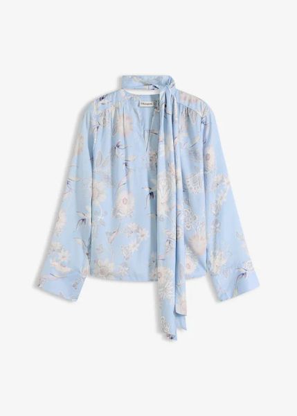 Tunika z delikatnej satyny. Niebieskie tuniki bonprix, bez wzorów, z satyny, eleganckie, bez kołnierzyka, bez ramiączek. Za 47.99 zł.