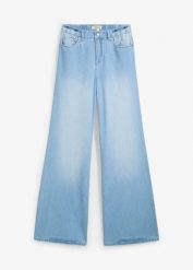 Jeansy wide leg, high waist, full length, z wygodnym pasem. Niebieskie jeansy bonprix, bez wzorów, z podwyższonym stanem. Za 142.99 zł.