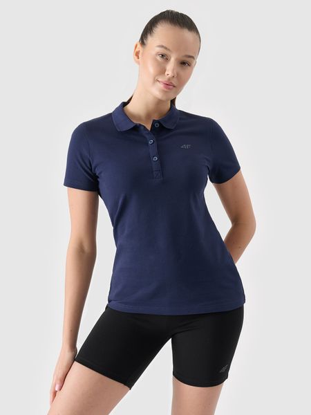 4F Koszulka polo slim damska - granatowa L. Niebieskie bluzki 4f, l, bez wzorów, z bawełny, bez kołnierzyka, bez ramiączek. Za 89.99 zł.