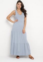 Niebieska Bawełniana Sukienka Maxi Bez Rękawów Lorenis. Niebieskie sukienki Born2be, na co dzień, na lato, l, bez wzorów, z bawełny, eleganckie, bez kołnierzyka, bez ramiączek, maxi, kopertowe. Za 109.99 zł.