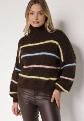 Brązowy Golf z Wełną Ozdobiony Paskami Reisorria. Brązowe golfy Born2be, uniwersalny, bez wzorów, z jeansu, bez ramiączek. Za 159.99 zł.