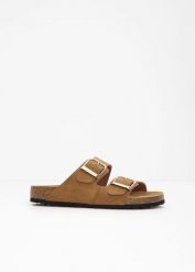 Klapki marki Tamaris ze skóry z klamrami. Brązowe klapki bonprix, bez wzorów, ze skóry, bez obcasa. Za 219.99 zł.