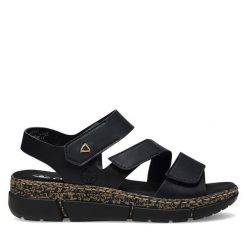 Sandały Rieker. Czarne sandały Rieker, bez wzorów, bez obcasa, na koturnie, bez zapięcia. Za 299.99 zł.