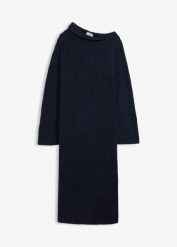 Sukienka z prążkowanej dzianiny. Niebieskie sukienki bonprix, bez wzorów, z dzianiny, z asymetrycznym kołnierzem, bez ramiączek, asymetryczne. Za 139.99 zł.