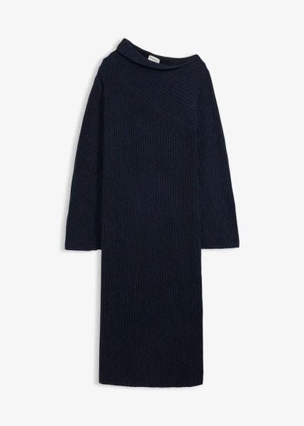 Sukienka z prążkowanej dzianiny. Niebieskie sukienki bonprix, bez wzorów, z dzianiny, z asymetrycznym kołnierzem, bez ramiączek, asymetryczne. Za 139.99 zł.