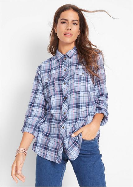 Koszula flanelowa z czystej bawełny. Niebieskie koszule bonprix, bez wzorów, z bawełny, bez kołnierzyka, bez ramiączek. Za 84.99 zł.